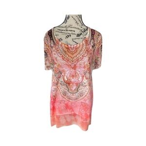 Clover + Pine Boho Print Embellished Top Blouse Mesh Hem Pink Floral NWT Size XL